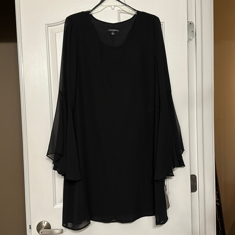 Sharagano Jet Black Cocktail Dress size 12 Chiffon Bell Sleeve